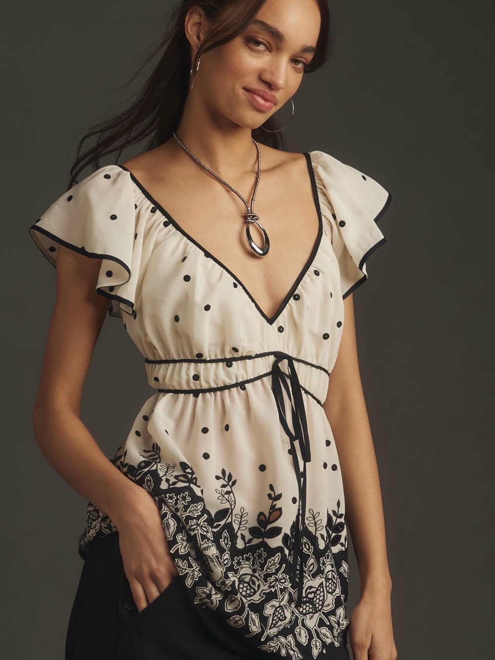 By Anthropologie Short-Sleeve Tie-Back
Shirred Blouse
